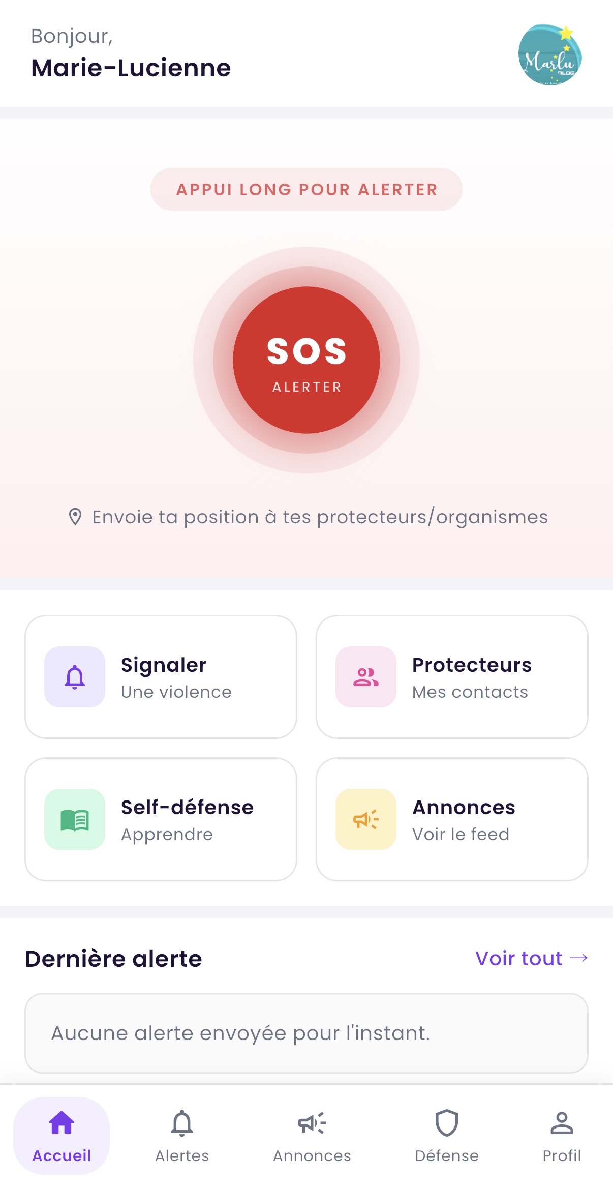 Page d'accueil Woukami avec bouton SOS