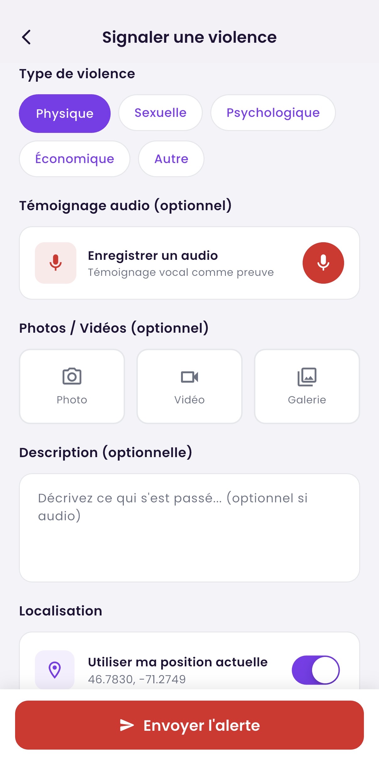 Page de signalement d'alerte